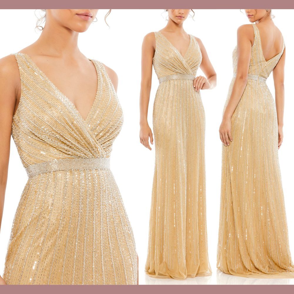 NWT $598 MAC DUGGAL [ 4  ] V Neck Beaded Sleeveless‎ Gown In Champagne #S1076